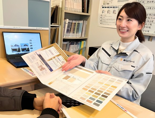 外壁塗装の色見本をもとに吹田市のお客様へ色選びを提案するシーン。人気カラーや汚れにくい色を比較して説明している様子。