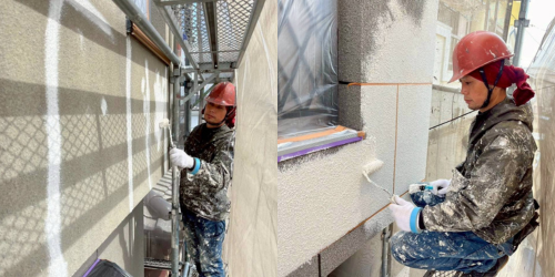 外壁塗装の下塗り作業を行う職人