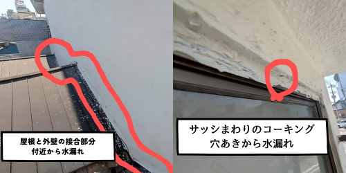 屋根と外壁の取り合い部の隙間と、サッシ上部コーキングの穴あきが原因の雨漏り事例。赤マークで漏水箇所を示す