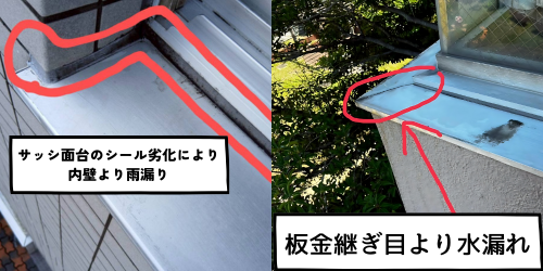サッシ面台のシール劣化と、板金継ぎ目の不良による雨漏り事例。赤マークで漏水ポイントを強調