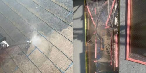 茨木市総持寺 屋根スレート 高圧洗浄 サッシ養生 飛散対策