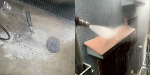 茨木市総持寺 高圧洗浄 0.3MPa以上 土間 清掃 庇の旧汚染除去