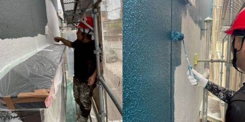 茨木市総持寺 外壁塗装 下塗りソフトサーフSGから中塗り無機へ 軽微クラックの肌合わせ