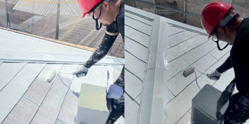 茨木市総持寺 屋根塗装 上塗り サーモアイフッ素 遮熱フッ素2回塗り