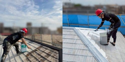 茨木市総持寺 屋根塗装 下塗り カラープライマー2回 密着と吸い込み止め