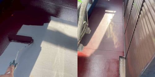 茨木市総持寺 ベランダ防水 ウレタン2層目 トップコート 赤系 仕上げ