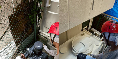 狭小スペースでの外壁まわり作業の様子